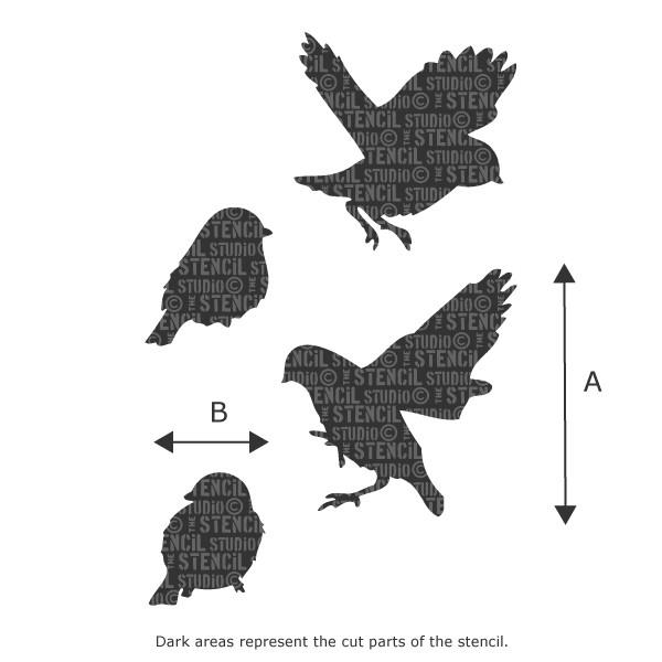 Sparrows stencil from The Stencil Studio - Size illustration - see drop down for AxB measurements