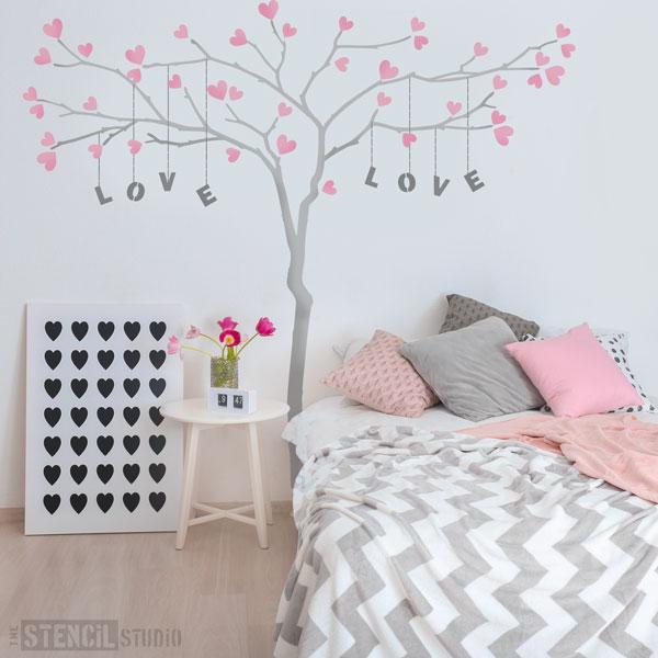 Love Tree! Customise the Branch Tree Stencil with a name or phrase, here we've used the heart stencils to add a leaf effect - personalisable stencils from The Stencil Studio