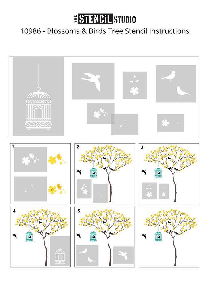 Triangle Tree with Birdcage, Birds and Blossoms from The Stencil Studio Ltd - Instructions for painting the blossoms etc