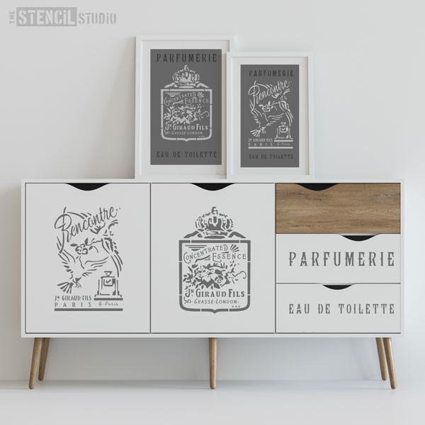 Recontre French Vintage Perfume label stencil - size L - seen here with other stencil designs from our range