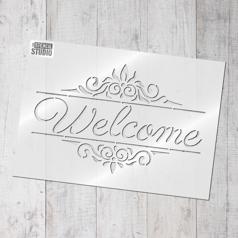 Welcome text with decorative border - word stencils from The Stencil Studio
