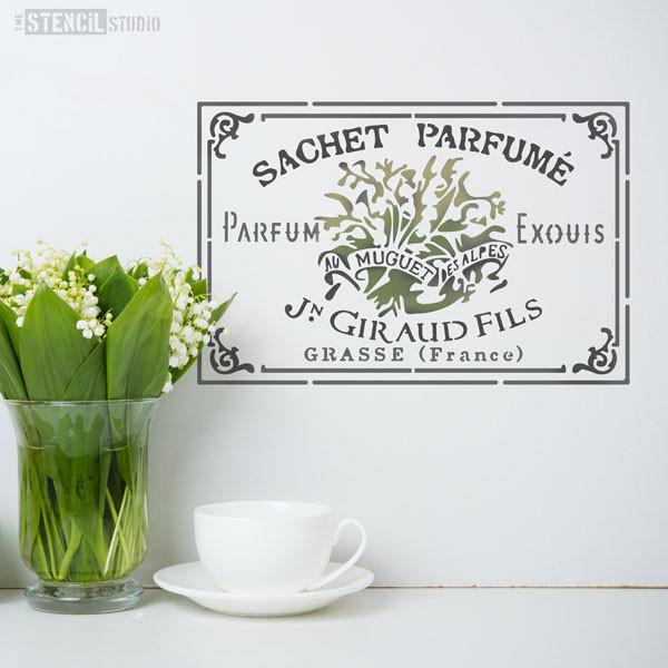 Sachet Perfume - Lily of the Valley French perfume label shabby chic stencils from The Stencil Studio - Size S