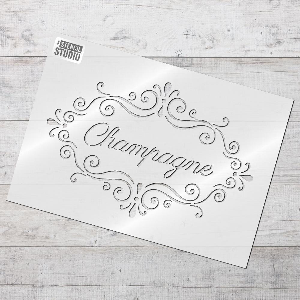Champagne text in a frame stencil - French Vintage style stencils from The Stencil Studio Ltd
