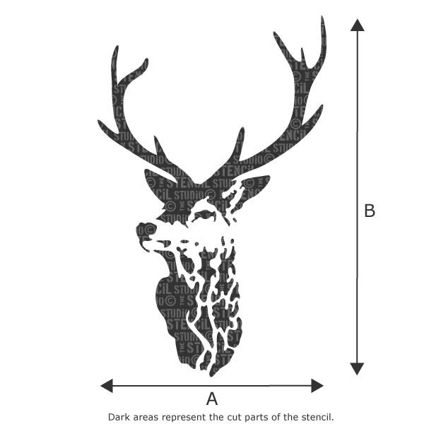 Highland stags head deer stencil - size A x B - see drop down box for measurements. Reusable stencils for home decor and craft stenciling.