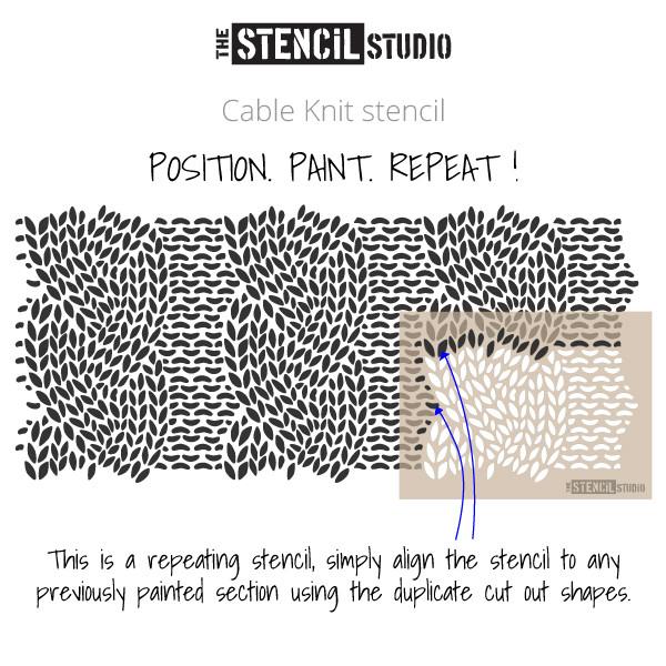 Cable Knit stencil from The Stencil Studio, instructional illustration showing how the stencil repeats by aligning previously painted areas