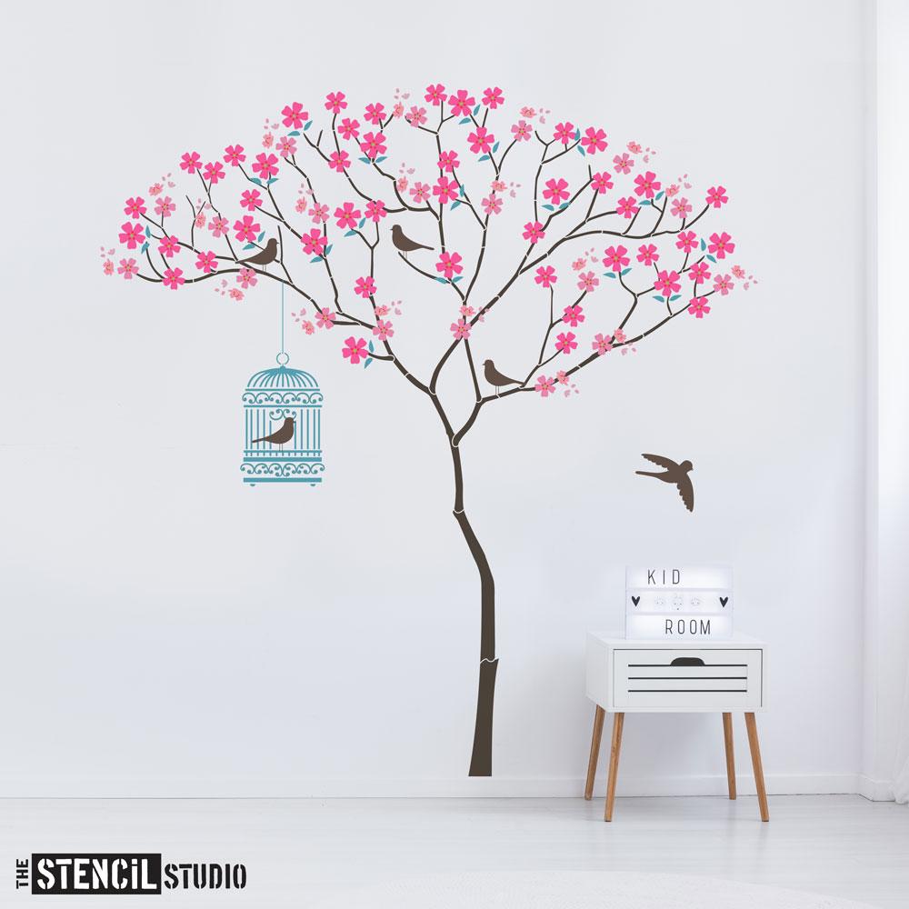 Triangle Tree with Birdcage, Birds and Blossoms from The Stencil Studio Ltd - Size XL