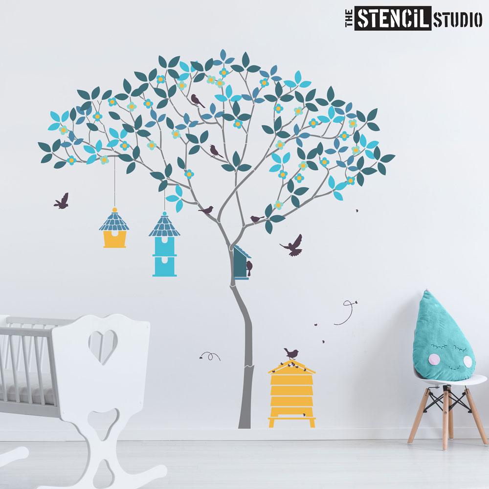 Triangle Tree with Birds and Bees stencil pack - everything you need to create this beautiful tree wall mural - Size XL