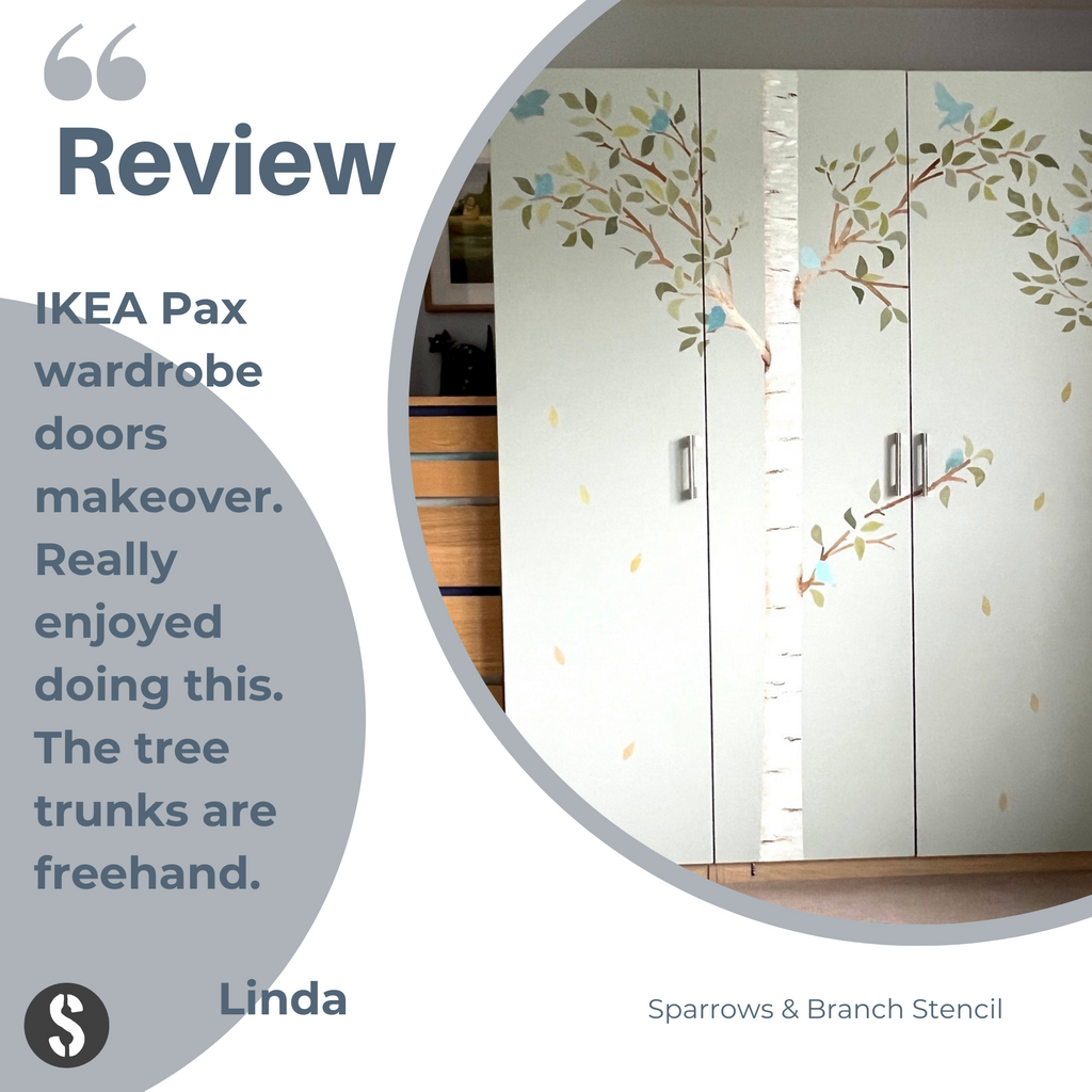 Sparrows and Branch stencil used on Ikea wardrobe doors