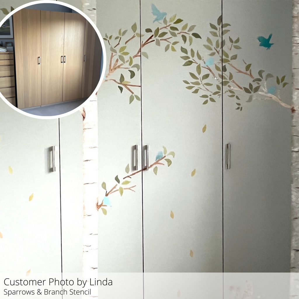 Sparrows and branch stencil used on Ikea wardrobe doors