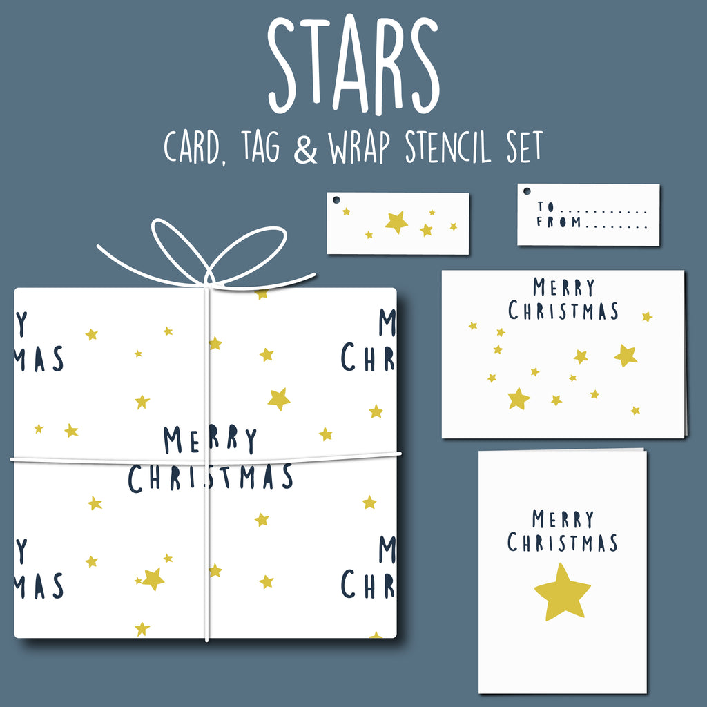 Merry Cristmas Stars Card, Tag & Wrap Christmas Stencil Set