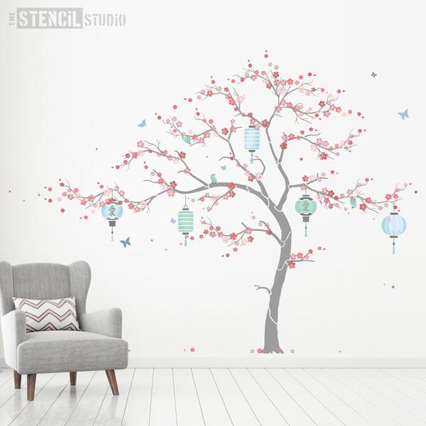 Cherry Blossom Sakura Tree stencil pack from The Stencil Studio - Grey and blue room scheme