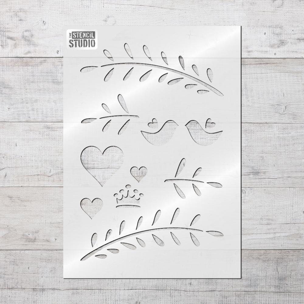 Sweetheart Stencil set with birds, hearts, crown and borders from The Stencil Studio