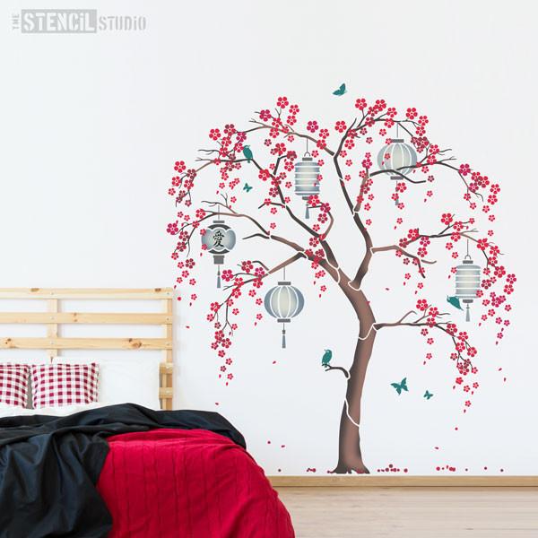 Cherry Blossom Sakura Tree stencil pack from The Stencil Studio - Grey and red bedroom scheme
