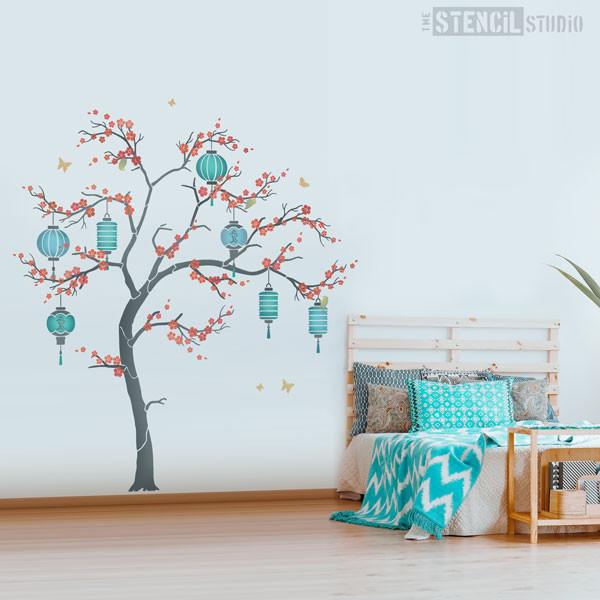 Cherry Blossom Sakura Tree stencil pack from The Stencil Studio - Red and Turquoise room scheme