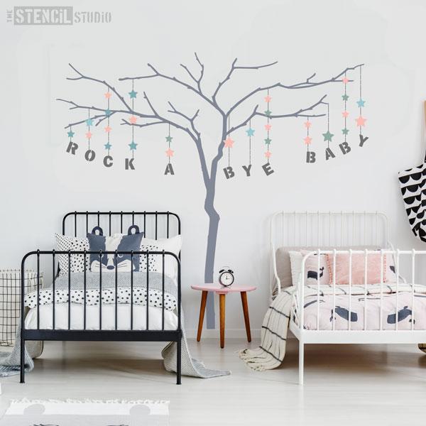 Large branch tree stencil with alphabet stencils for personalising - this one has text 'ROCK A BYE BABY'