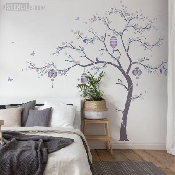 Cherry Blossom tree, lilac and grey room scheme from The Stencil Studio