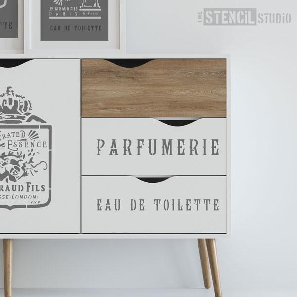 Parfumerie French Vintage Text stencil from The Stencil Studio - Size L