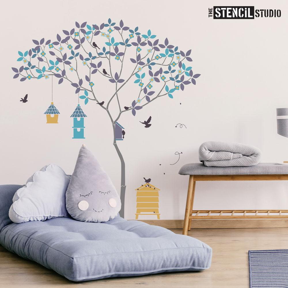 Triangle Tree with Birds and Bees stencil pack - everything you need to create this beautiful tree wall mural - Size L