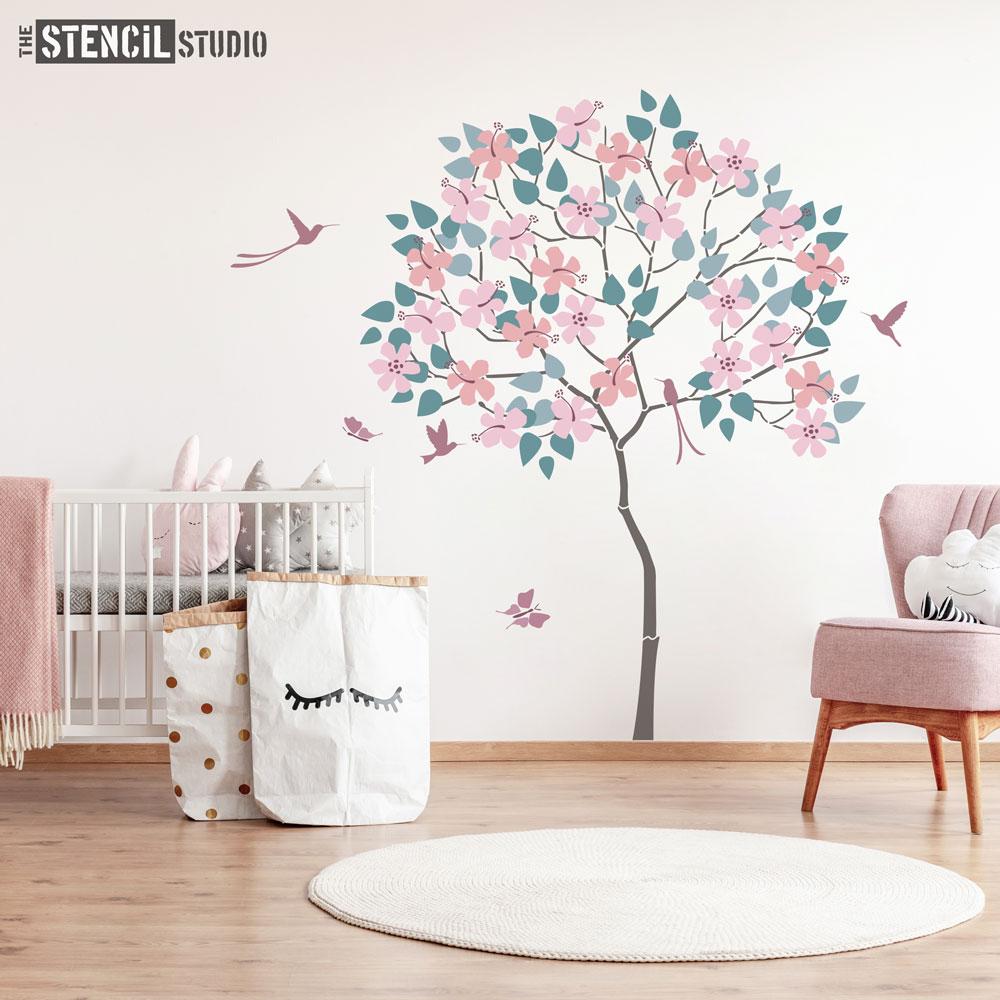 Round Tree with Hibiscus and Humming Birds Stencil Pack