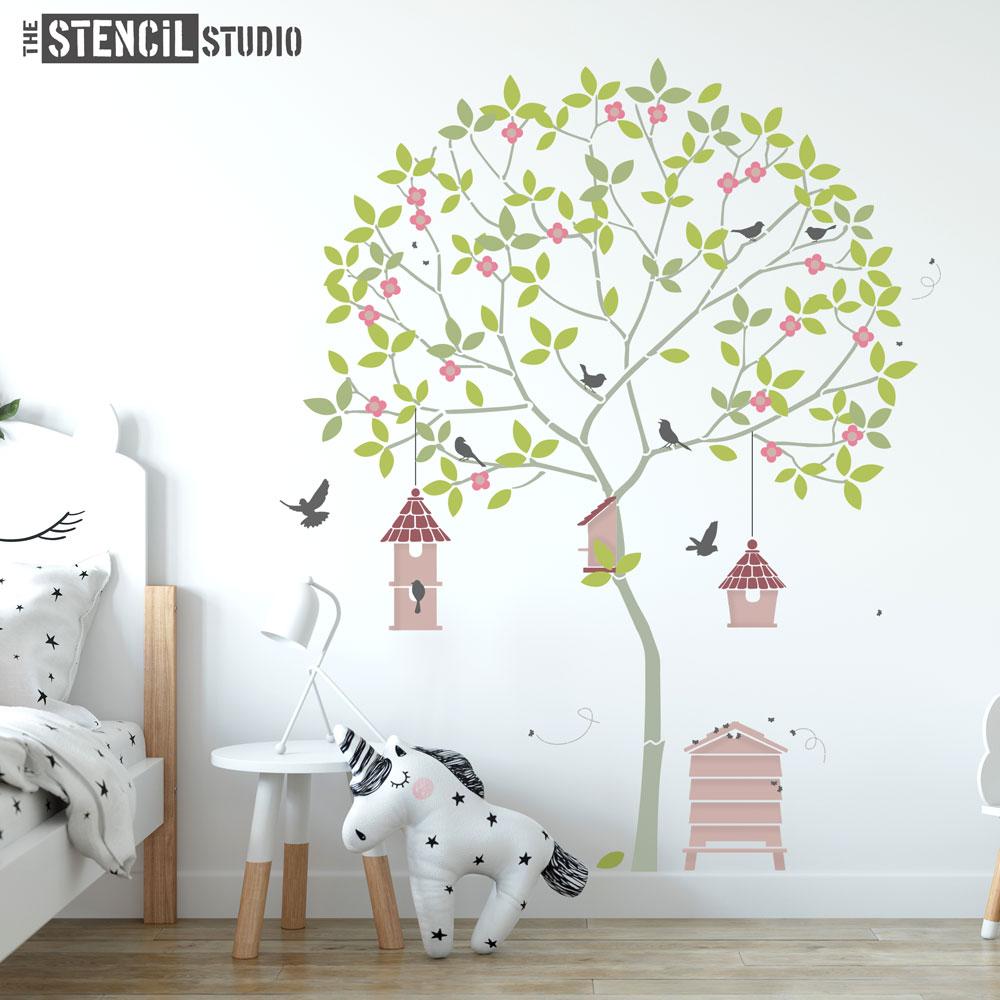 Round Tree with Birds, Birdhouses, Beehive and Bees, a fabulous wall mural stencil from The Stencil Studio - this Size is L