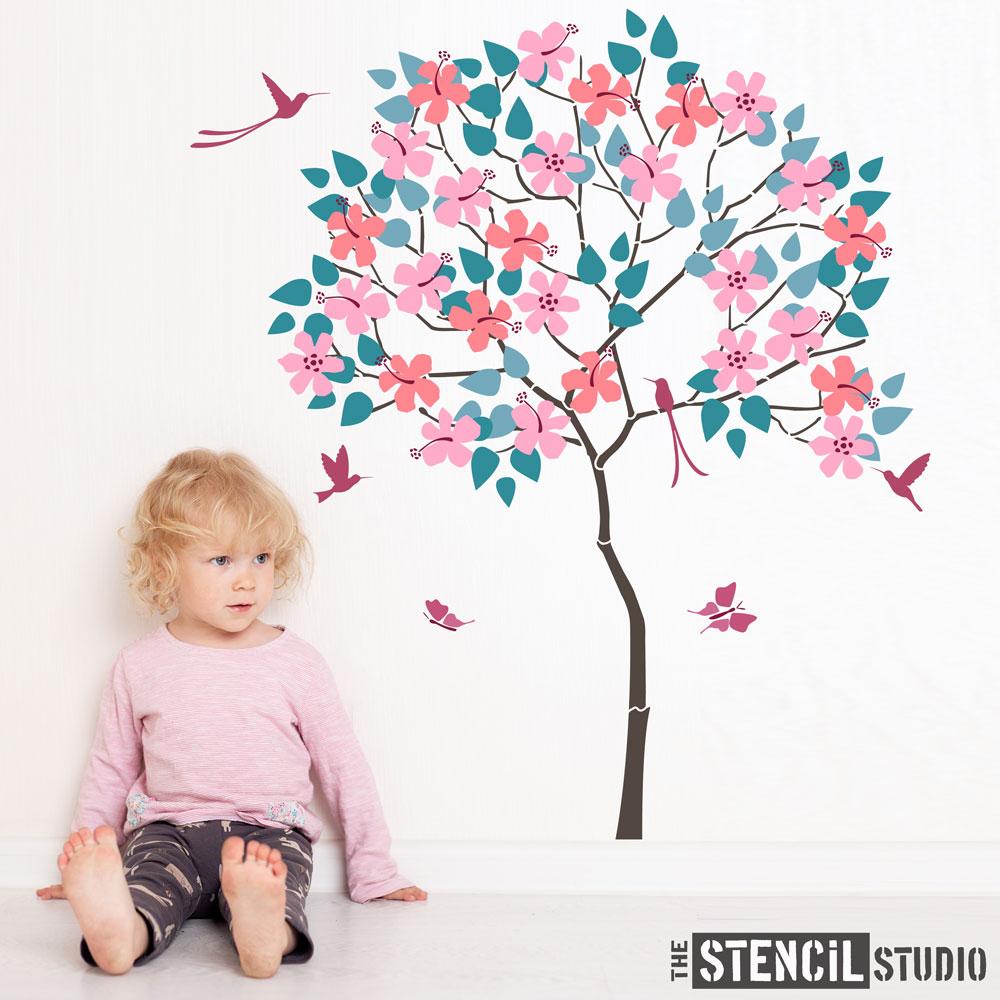 Round Tree with Hibiscus and Humming Birds Stencil Pack