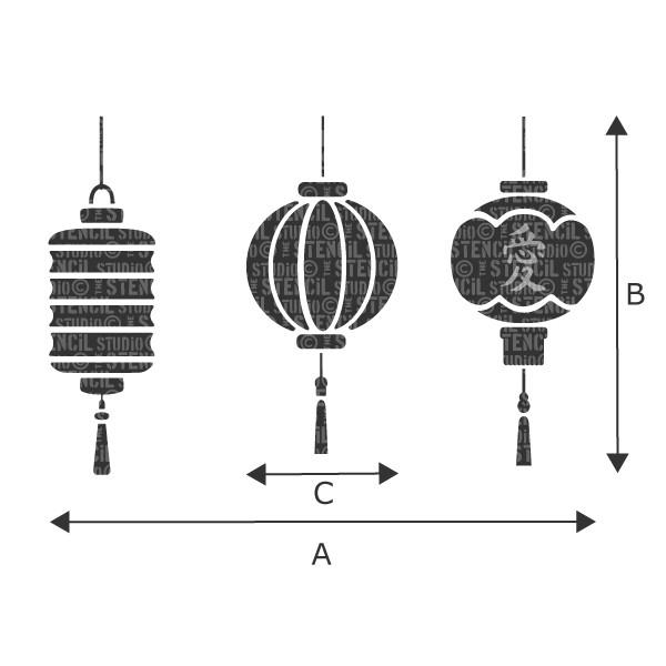 Japanese lanterns stencil - sizes chart, refer to the drop down box for sizes for A, B and C