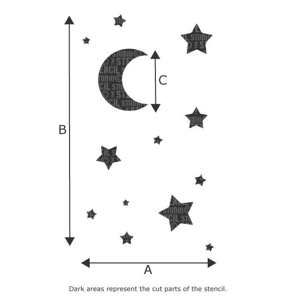 Moon and Stars Children's Nursery Wall Stencil from The Stencil Studio - Stencil Size Chart 