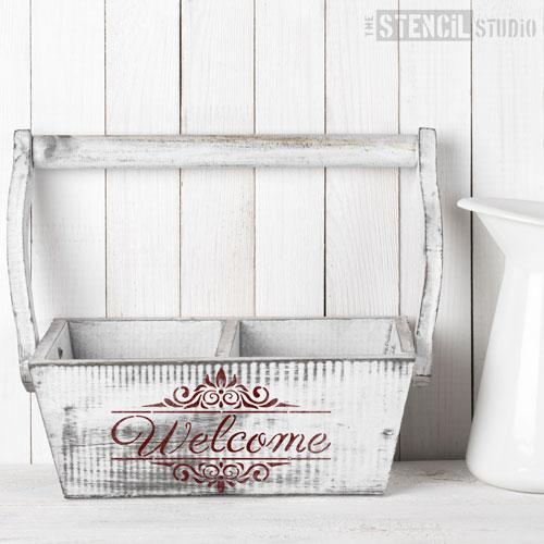 Welcome text with decorative border - word stencils from The Stencil Studio - Size XS