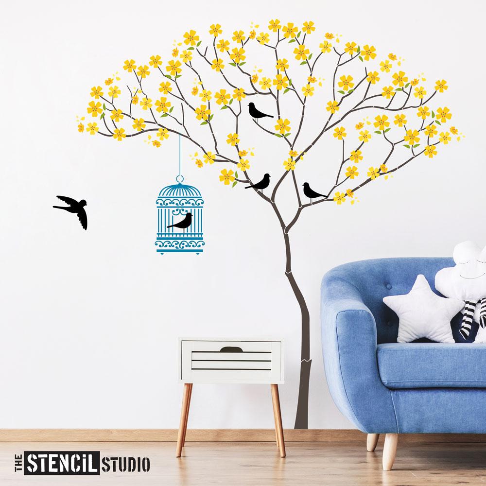Triangle Tree with Birdcage, Birds and Blossoms from The Stencil Studio Ltd - Size XL