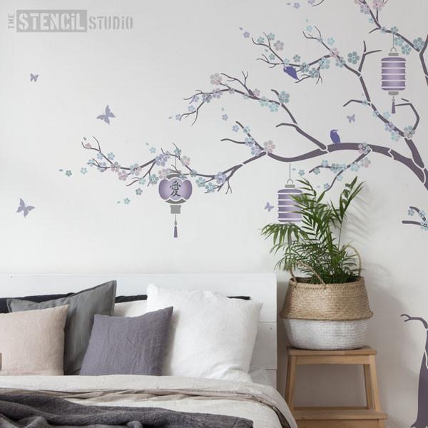 Cherry Blossom tree, lilac and grey room scheme from The Stencil Studio