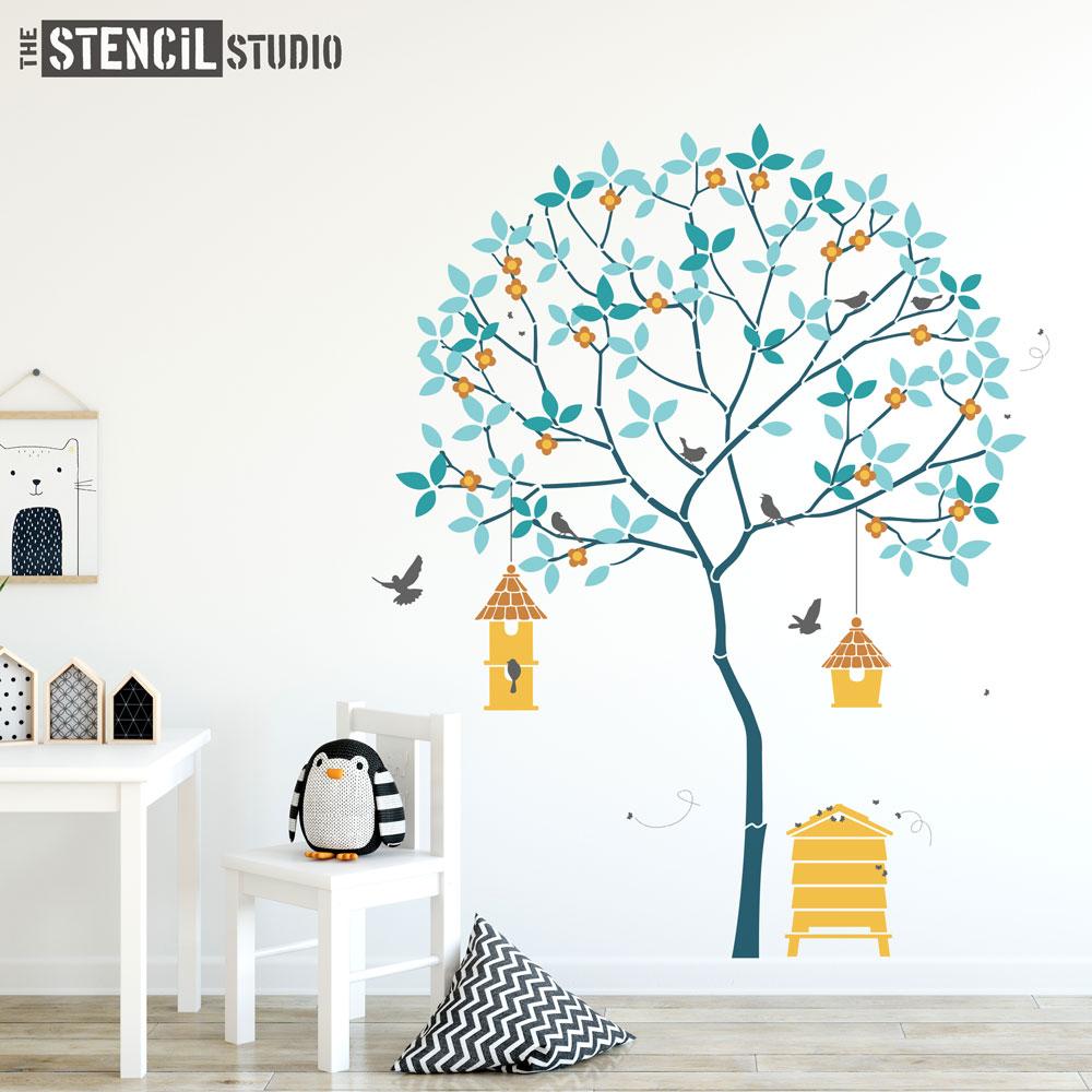 Round Tree with Birds, Birdhouses, Beehive and Bees, a fabulous wall mural stencil from The Stencil Studio - this Size is XL
