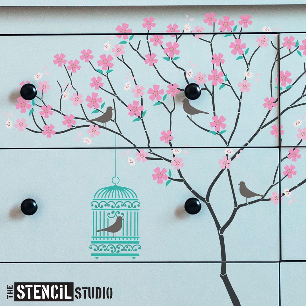 Triangle Tree with Birdcage, Birds and Blossoms from The Stencil Studio Ltd - Size L